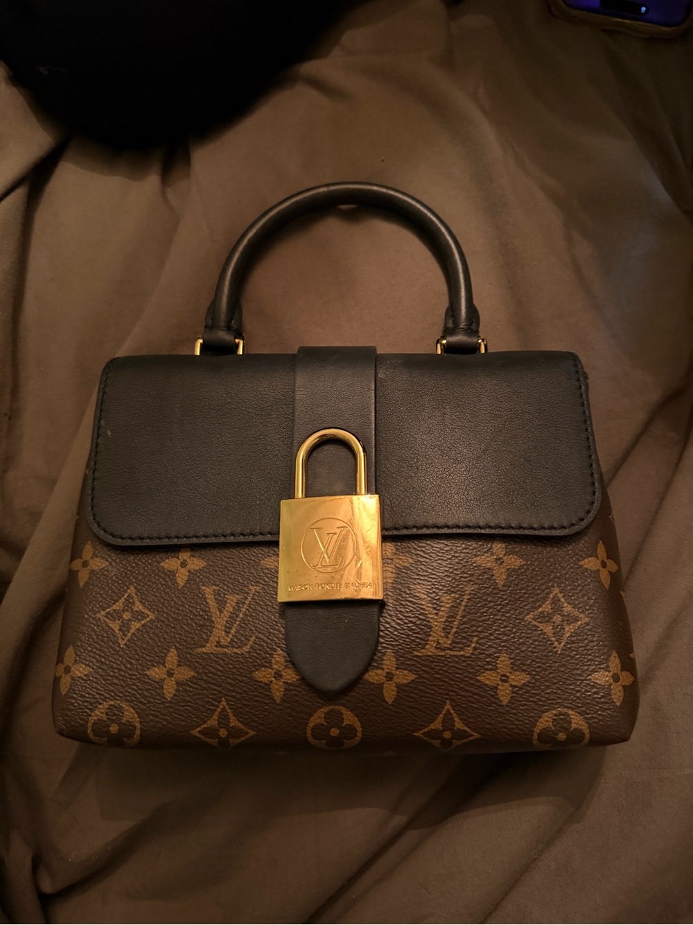 Louis Vuitton Brown Monogram Satchel with Black Flap and Gold Lock